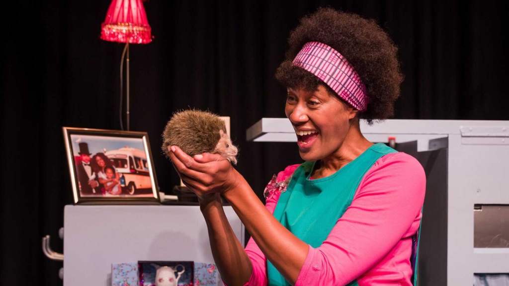 A performer on stage holding a prop of a fake hedgehog and smiling happily.