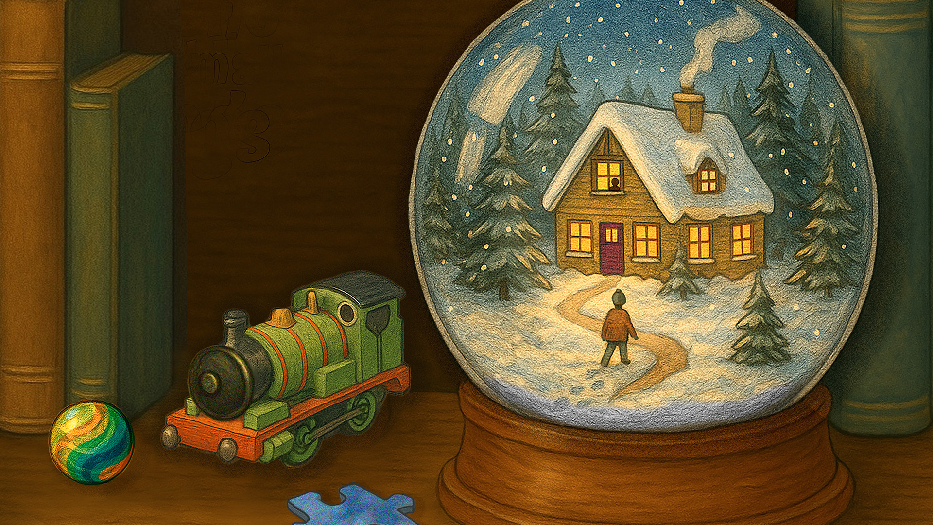 An illustration of All The Small Things showcasing a shelf of books, a marble, toy train and a snow globe.